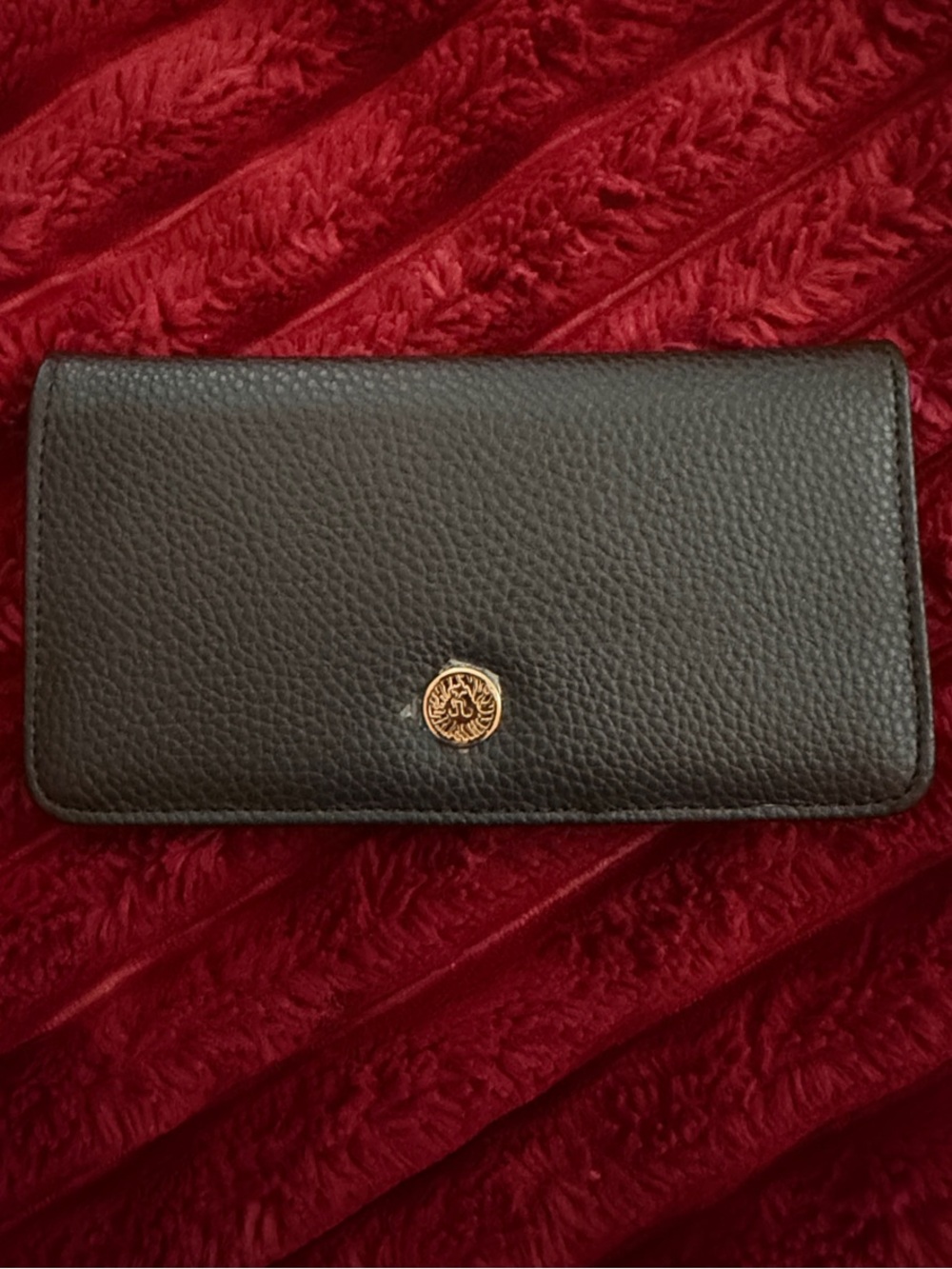 Anne Klein Black Pebble Leather Continental Wallet with Gold Emblem